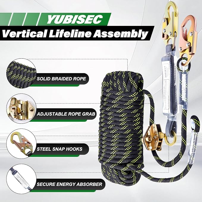 Vertical Lifeline Assembly 100FT, Polyester Rope Harness Safety with Two Grab Snap Hooks Shock Absorber, Fall Protection Safety Rope for Roofing Work, ANSI Compliant