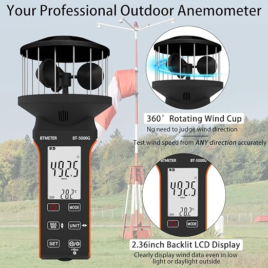 BTMETER Cup Anemometer - Handheld Airflow Meter BT-5000G Wind Speed Meter with LCD Backlight, Max/Avg/Current Mode to Measure CFM Air Flow Velocity Volume & Wind Temp for HVAC Sailing Drone Golf