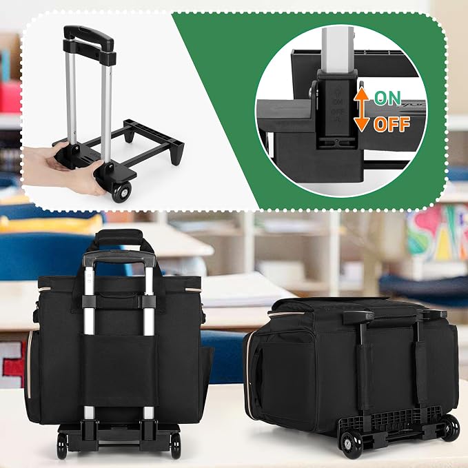 LUXJA Rolling Teacher Bag with Laptop Compartment and Detachable Dolly, Multifunctional Rolling Briefcase with Accordion File Area (Patented), Black