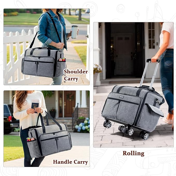 AMOIGEE Full-Open Sewing Machine Case with Wheels, Large Rolling Sewing Machine Bag with Detachable Foldable Dolly, Heavy-Duty Embroidery Tote for Brother Singer Janome Standard Machines Storage