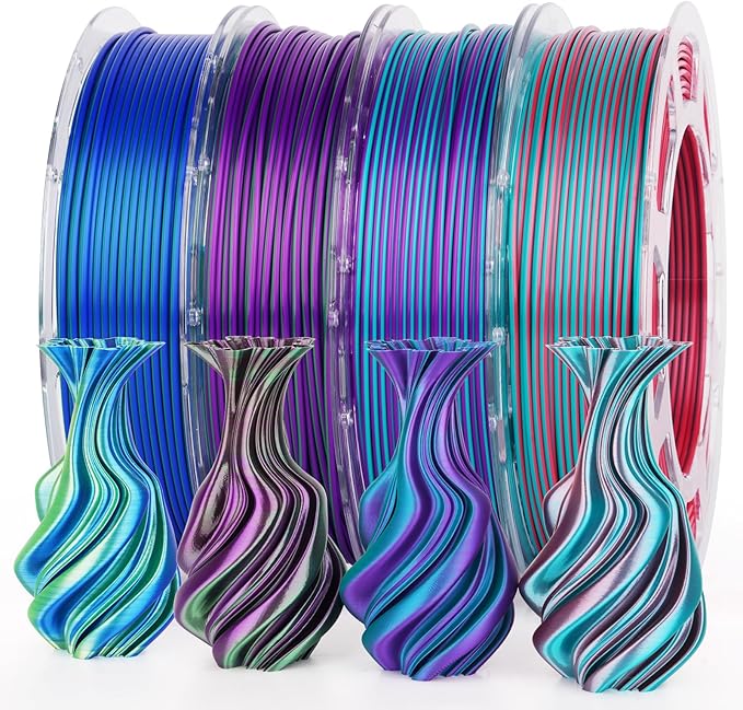 AMOLEN Silk PLA 3D Printer Filament Bundle, Shiny Dual Color PLA Filament 1.75mm Pack, PLA 3D Printing Filament, Blue Green Coral Dark Violet Purple 200g X 4 Spools