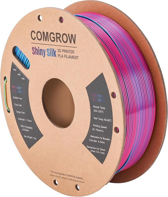 Comgrow Tri-Colors Silk PLA 3D Printer Filament, Rainbow PLA Filament 1.75mm, Dimensional Accuracy +/- 0.02 mm, 1KG Spool, Coextrusion 3D Filament with Shiny Silk Red-Blue-Yellow