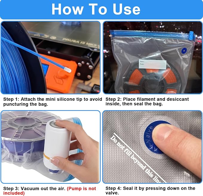 100 PCS Filament Storage Bags, 3D Printer Filament Bags, 12.6 x 13.4 in | Reusable Vacuum Storage Bag Kit with Sealing Clips, Desiccants, Humidity Indicator Card and Mini Silicone Cover, White