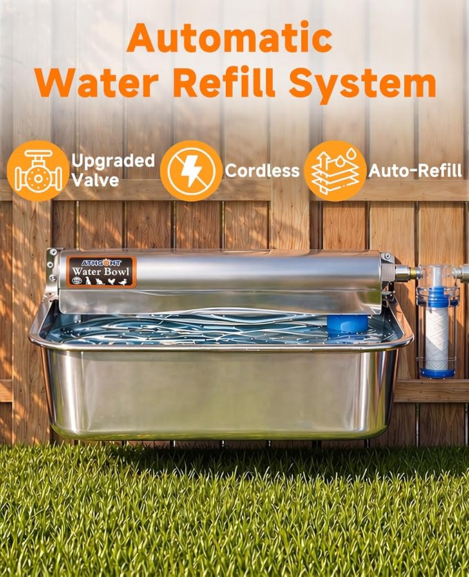 3 Gallon Automatic Chicken Waterer, Real 304 Stainless Steel Metal Poultry Waterer with Upgraded Float Valve, Extra Filter, 1.5M Hose (Stainless Steel Auto Waterer Set)