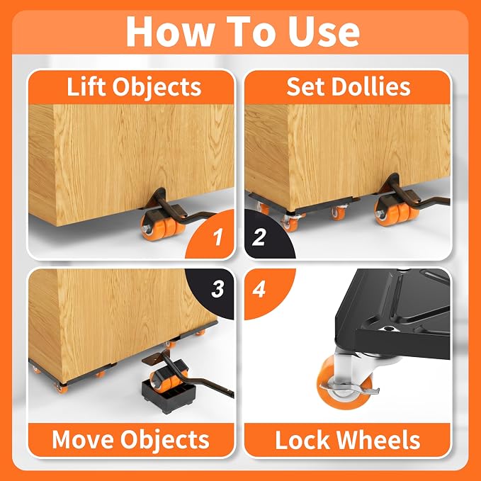 Heavy Duty Furniture Dolly 360° Rotating 5 Orange Wheels, Alloy Steel Furniture Movers Up to 3000 lbs/1360 Kg Load Capacity with Measure Tape and Leveler (5.3x5.3 in)