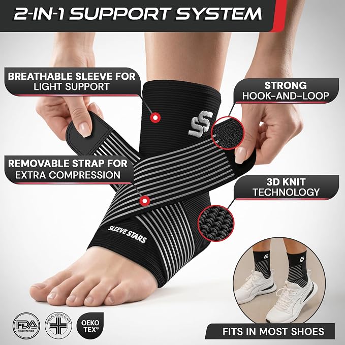 Sleeve Stars Ankle Brace for Women & Men, Ankle Wrap for Sprained Ankle, Compression Sleeve for Plantar Fasciitis Relief, Easy Customizable Support: w/Removable Strap (Pair/S:9"-10"/Black)