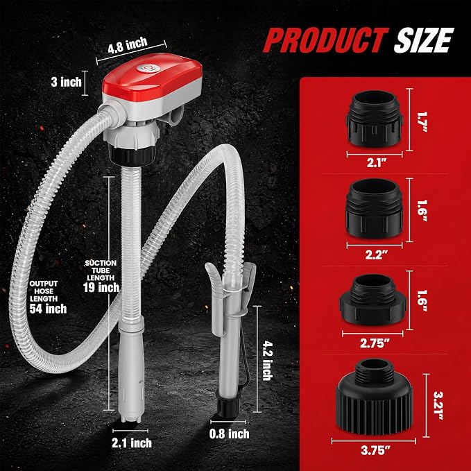 Automatic Electric Fuel Transfer Pump with Auto-Stop, 3.6 GPM, 54" Long Hose Gas Pump Battery Powered w 4 Size Can Adapters and Leak Protection for Gasoline, Diesel, Kerosene, Gifts for Men Dad