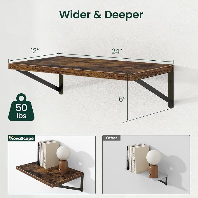 Floating Shelves 12 Inch Deep, 24W x 12D Wall Shelf Set of 2, 50 lbs Heavy Duty Reversible Metal Brackets, Industrial Book Shelf for Living Room Kitchen Bath Bedroom Coffee Bar, Rustic Brown