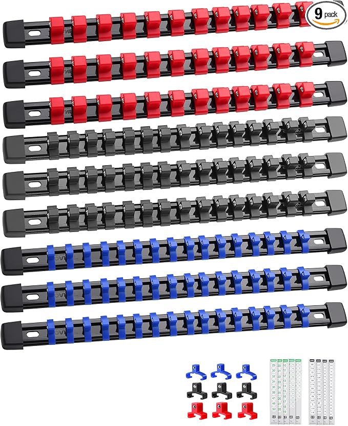 ALOANES 9PC Socket Organizer, Socket Rails Fit 1/2", 1/4" and 3/8" Drive | Heavy Duty ABS Socket Holders Hold 129 Sockets for Toolbox Drawer Bags(3Color)