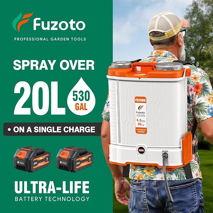 Battery Powered Backpack Sprayer 5.3 Gallon for Lawn, Garden, Yard | Built-in Mixing System,5.3GAL,45-90PSI Adjustable Pressure,6 Hours Long Battery Life,6 Spray Nozzles,39" Telescopic Wand