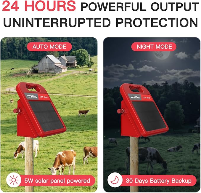 10 Mile Solar Fence Charger 0.11J Electric Fence Energizer with Day Night Mode 24-Hour Protection Red