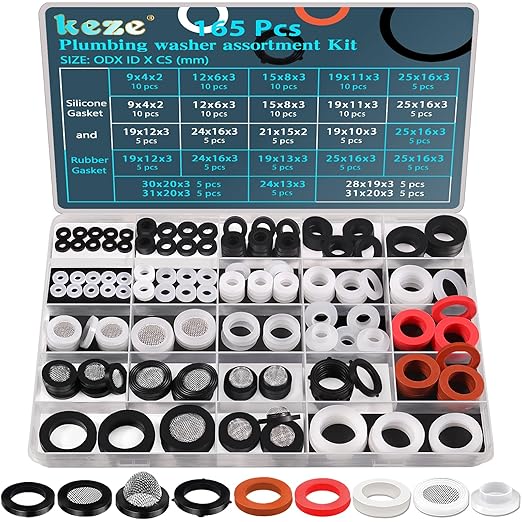 KEZE 165 PCS 24 Sizes Plumbing Washers Assorted Kit and 1228 Pcs 32 Size Clear Food Grade Silicone O Rings Kit for O Rings Faucet Automotive Hydraulic Pipe Repair