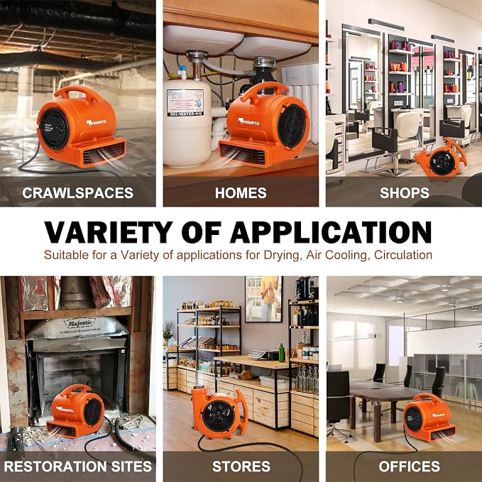 MOUNTO 1/4hp 1000CFM 2 Speed Air Mover Carpet Dryer Floor Fan Cooling Fan (Orange)