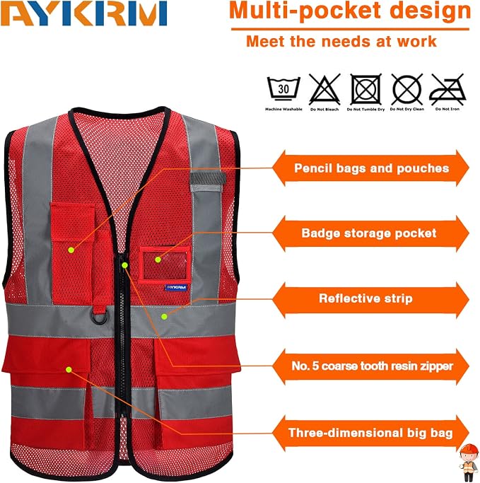 A-SAFETY Big and Tall Red Reflective Safety Vest 4XL 5XL | Red 4XL-5XL breathable mesh vest with reflective strips, mic tabs and 7 pockets for site safety teams; 21 color options.