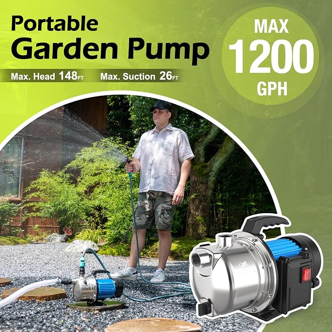 FLUENTPOWER Shallow Well/Deep Garden Pump, 1.5HP 1200GPH Portable Water Booster Jet Pump for Home, Garden, Lawn, Sprinkler Irrigation, Water Transfer, Stainless Steel
