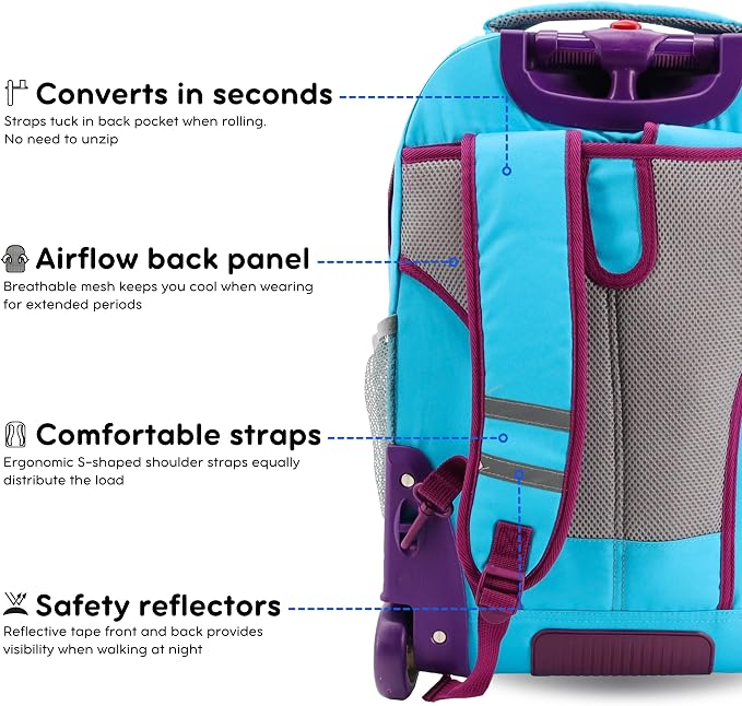 J World Sundance Laptop Rolling Backpack for Girls Boys. Roller Bookbag with Wheels, 20 Inch, Sky Blue