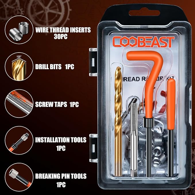 coobeast Thread Repair Kit, Thread Repair Tool with HSS Drill Bit & 30pcs 304 Stainless Steel Inserts, Complete Helicoil Rethreading Tool Set for Automotive Engine with Portable Carry Case M8x1.25