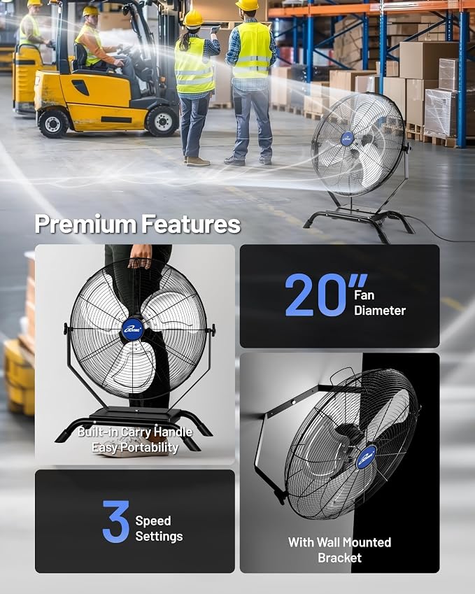 iLiving 20" Wall Mounted/Floor Stand Variable Speed Indoor/Outdoor Fan, Industrial grade for Patio, Greenhouse, Garage, Workshop, and Loading Dock, 4650 CFM, Black