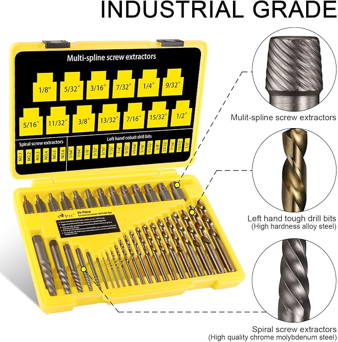 Topec 35-Piece Screw Extractor and Left Hand Drill Bits Set, Easy Out Screw Extractor Set with Reverse Drill Bits, Multi-Spline Extractors for Removing Broken Bolts and Stripped Screws