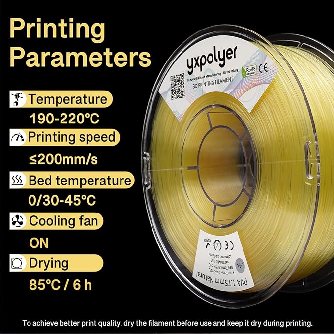 YXPOLYER PVA Filament 1.75mm 1kg Support Material for PLA, PETG, ABS, Fast Water Soluable in 6 Hours, AMS-Compatible Spool