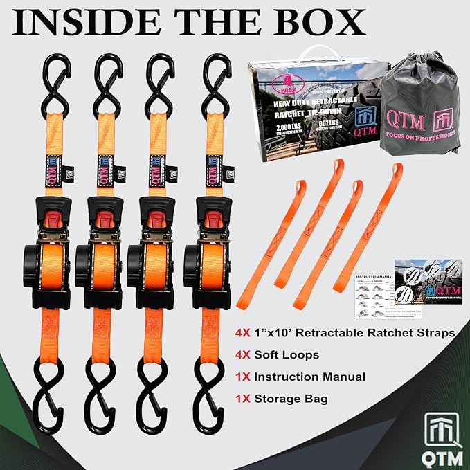 QTM Retractable Ratchet Straps 4-Pack Orange, Heavy Duty 1" x 10ft with Soft Loops & Stainless Steel Spring, 2000lb Breaking Strength for Truck, Trailer, Motorcycle Cargo