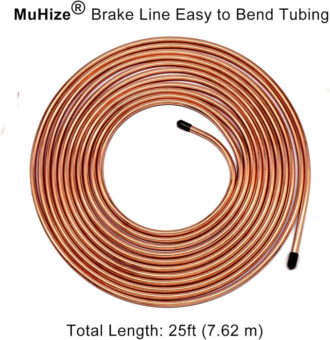 MuHize 1/4 Brake Line - Upgraded 25 Ft. Brake Line Kit(2026 New), 1/4 Flexible Copper Coated Brake Line Tube Roll(Includes 16 Inverted Flare Fittings)
