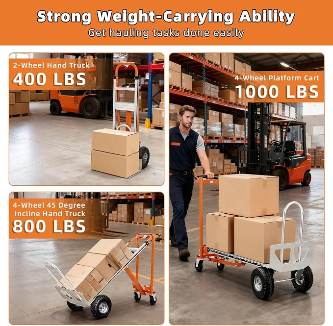 Aluminum 4 in 1 Convertible Hand Truck Dolly, 1000Lbs Capacity, Heavy Duty Folding Hand Truck Dolly Cart with Wheels 10" All-Terrain Tires, Hand Trucks for Logistics, Moving Home, Shopping, Office