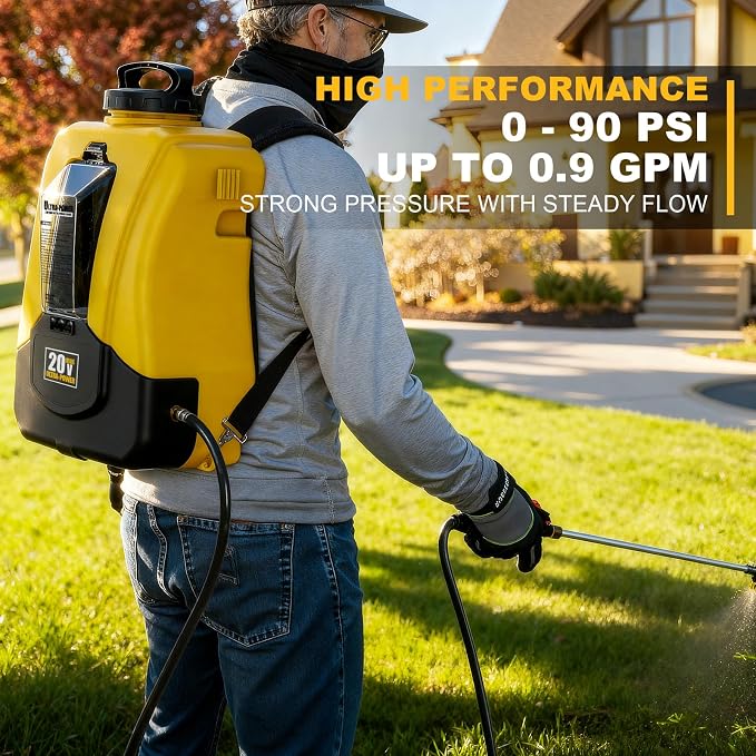 4-Gallon Battery Powered Backpack Sprayer, Compatible with DeWalt 20V MAX, 0-90 PSI Adjustable, 100+ Gal Per Charge, Cordless Garden Sprayer for Lawn Care, Tool Only (Battery Not Included)