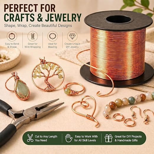 Therwen 100ft 28 Gauge Copper Wire for Gardening, Electroculture, Bonsai, Jewelry Making Beading DIY Craft Pure Bare Copper Wire Spool