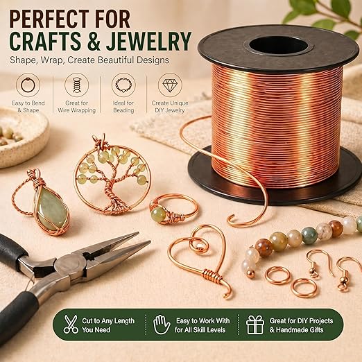 Therwen 100ft 22 Gauge Copper Wire for Gardening, Electroculture, Bonsai, Jewelry Making Beading DIY Craft Pure Bare Copper Wire Spool