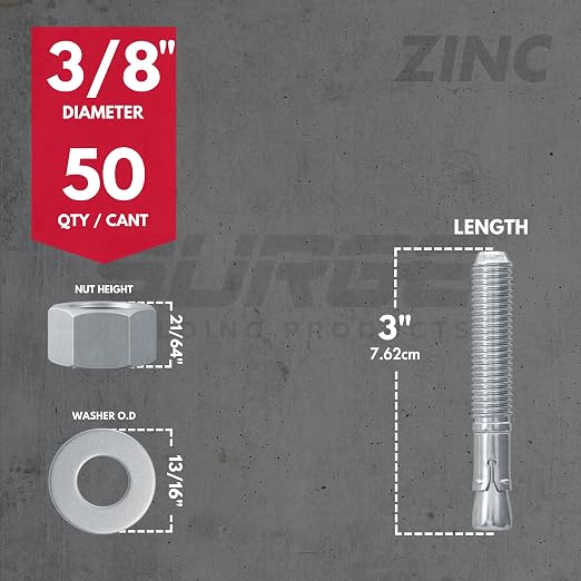 3/8" x 3" Zinc-Plated Wedge Anchors for Concrete and Cement | Heavy-Duty 3/8 Concrete Anchors (Box of 50)