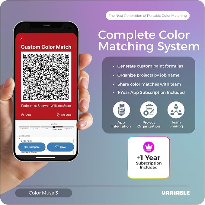 COLOR MUSE 3 with 1-Year App Subscription – Portable Paint Color Matching Device, Wireless Colorimeter Sensor for Accurate Hue & Sheen Matches – Mobile App Integration