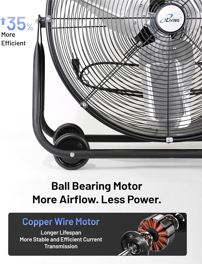 iLIVING 24" High Velocity Drum Fan Industrial, Commercial, Residential Air Circulator for Garage, Shop, Patio, Barn, Greenhouse, Speed Control 7700CFM, UL Listed,Black