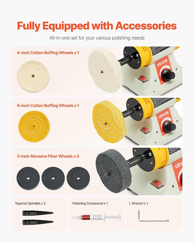 VEVOR Bench Buffer Polisher, 1/2HP Polishing and Buffing Machine, 0 to 8000RPM Benchtop Polisher with 2PCS 4" Cotton Wheel, 3PCS 3" Abrasive Fiber Wheels & Polishing Compound for Metal Jewelry Wood
