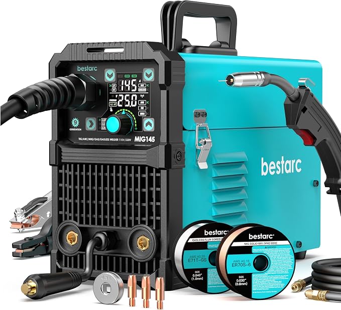 Bestarc 145A MIG Welder 110V 220V, 4 in 1 Gasless Flux Core MIG/Lift TIG/Stick Welder, Synergic IGBT Inverter Welding Machine with Large LED Display, Dual Voltage for Beginners DIY