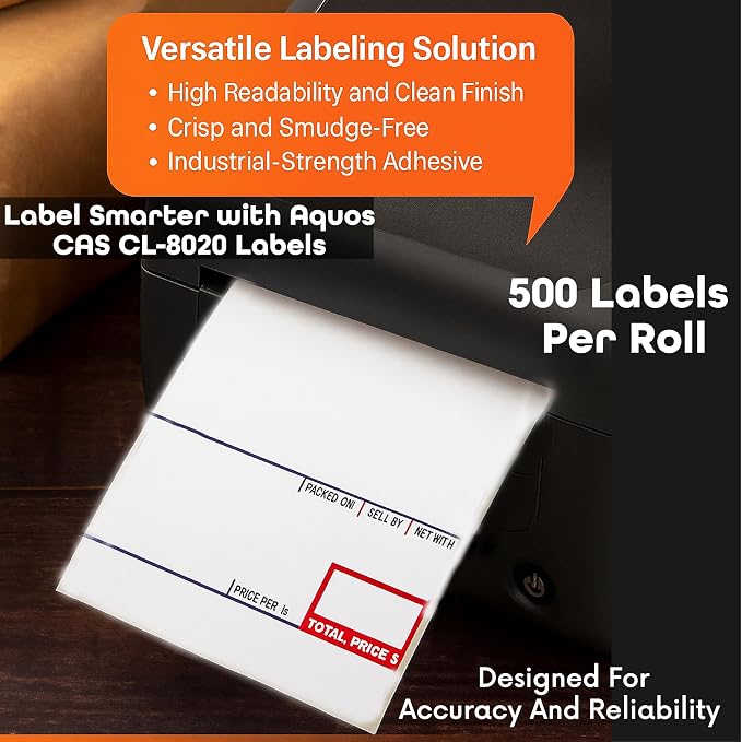 Aquos CAS CL-8020 Printing Scale Label Rolls | Thermal Labels | Label Roll with Strong Adhesive | Pre-Cut | Smudge-Free | Made in USA