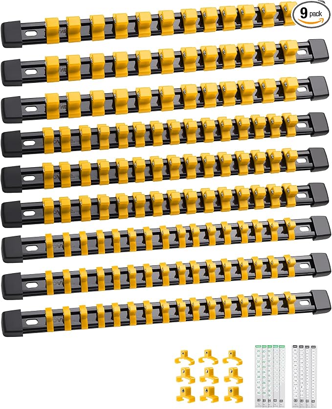 ALOANES 9PC Socket Organizer, Socket Rails Fit 1/2", 1/4" and 3/8" Drive | Heavy Duty ABS Socket Holders Hold up 129 Sockets for Toolbox Drawer Bags(Yellow)