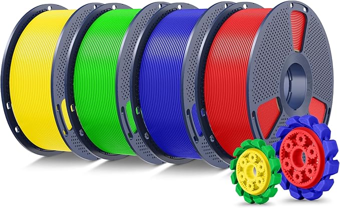 SUNLU PLA+2.0 3D Printer Filament 4KG, Upgrade PLA+ Filament 1.75mm, Tougher and Stronger, Dimensional Accuracy +/-0.02mm, 1KG per Spool, 4KG Total, Red+Klein Blue+Green+Yellow