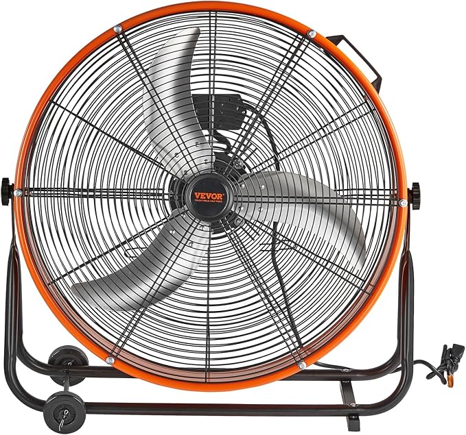VEVOR Drum Fan, 24 Inch 8700 CFM High Velocity Heavy Duty Floor Shop Fan, 3-Speed, 5ft Cord, 360°Adjustable Tilting, Commercial Industrial Use for Warehouse, Workshop, Factory, Basement