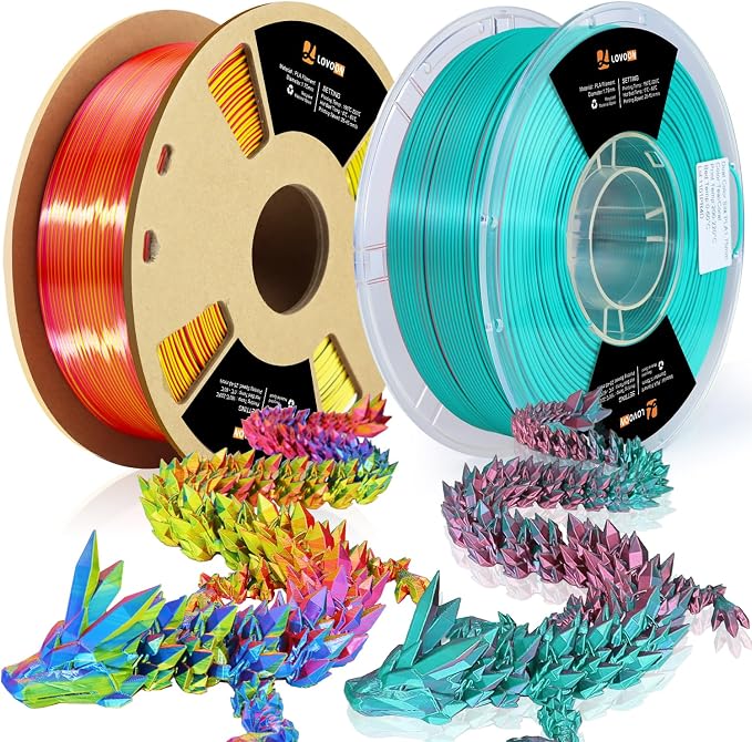 LOVOON Silk PLA 3D Printer Filament Bundle 2 KG, PLA Filament 1.75mm, Shiny Silk Blue/Yellow/Red and Blue/Pink Change by Angle, 3D Printing Filament for Most FDM Printers and 3D Pen, 1KG X 2 Spools