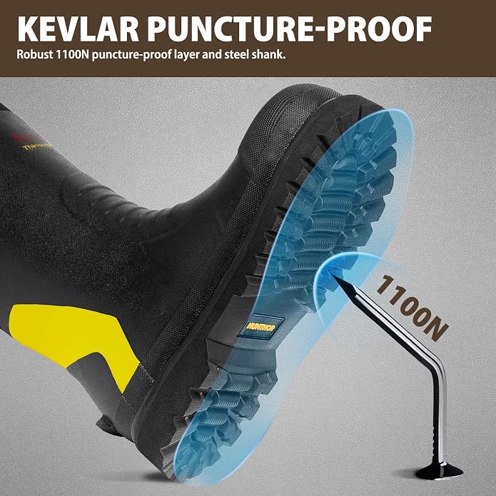 Rubber Work Boots with 800g Insulation, Puncture-Proof Steel Toe & Shank, Lightweight EVA Outsole Waterproof Insulated Neoprene Hunting Boots for Farming, Construction and Manufacturing (Size 6-14)