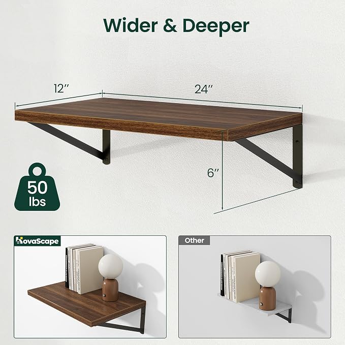 Floating Shelves 12 Inch Deep, 24W x 12D Wall Shelf Set of 2, 50 lbs Heavy Duty Reversible Metal Brackets, Deep Industrial Book Shelf for Living Room Kitchen Bath Bedroom Coffee Bar, Walnut
