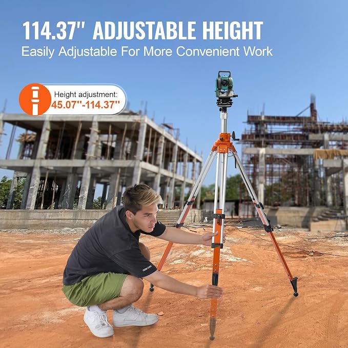 VEVOR Laser Level Tripod Stand, 5/8"-11 Thread Mount, 45.07-114.37 inch Height Adjustment Heavy Duty Survey Tripod, with Level Bubble & Diffusion Limiter, Liftable Non-Skid Feet for Construction