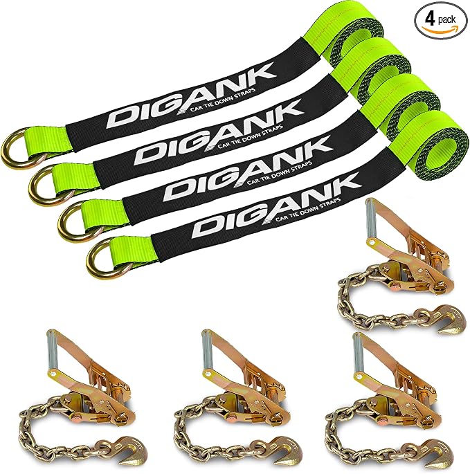 Heavy Duty Car Tie Down Straps (4PK) - 2" x 96" - 3,300 lbs Safe Working Load - Wheel Straps Comes with 5/16" Tow Hooks (Green)