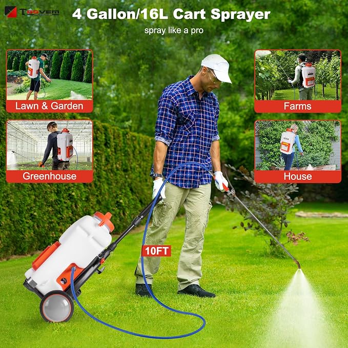 Toovem Battery Powered Backpack Sprayer 4 Gallon, Weed Yard Sprayer with Wand, Electric Backpack Garden Sprayer with Wheeled Cart for Weeding, Adjustable 0-94 PSI, 10FT Hose, 6 Nozzles