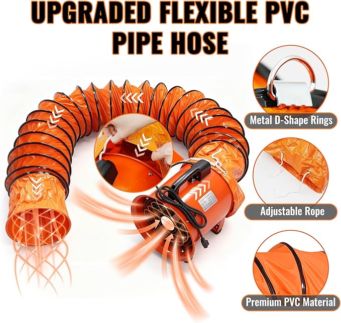 8-Inch Utility Blower Fan, 3300 RPM High-Speed Industrial Exhaust Fan with 33ft Flexible Duct Hose, Low Noise 61dB Portable Ventilator for Crawl Space, Basement Drying, Workshop Ventilation