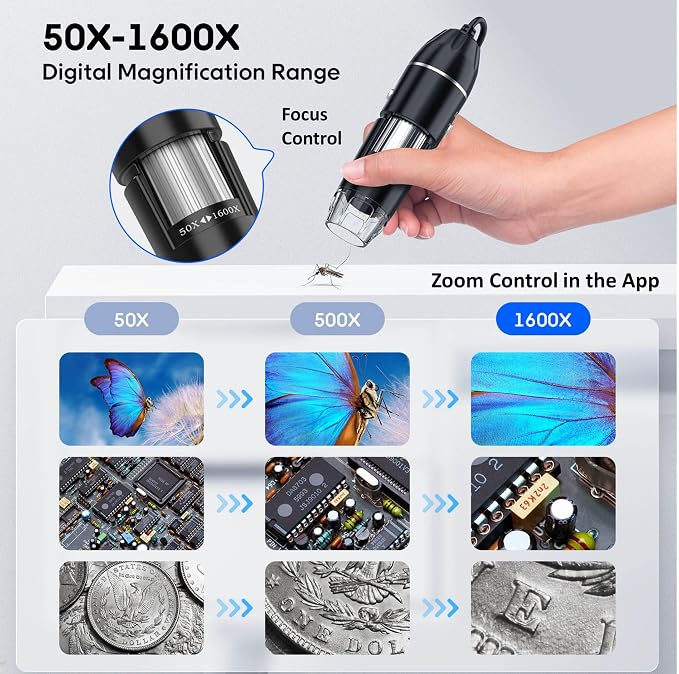 USB Digital Microscope, 50x-1600x Magnification Handheld, 1920P HD 8 LED Lights, Portable Pocket Microscope, Compatible with iOS and Android Devices, +2MP Magnifier Camera, No PC Support