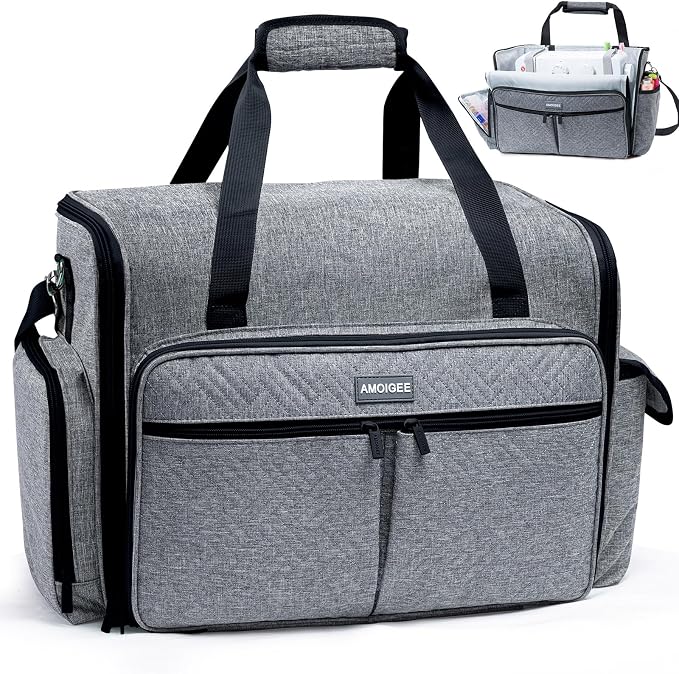AMOIGEE Full-Open Sewing Machine Case, Large Sewing Machine Storage Bag for Travel - Heavy-Duty Embroidery Tote for Brother Singer Janome Standard Machines Holder with Pocket for Accessories and Tools