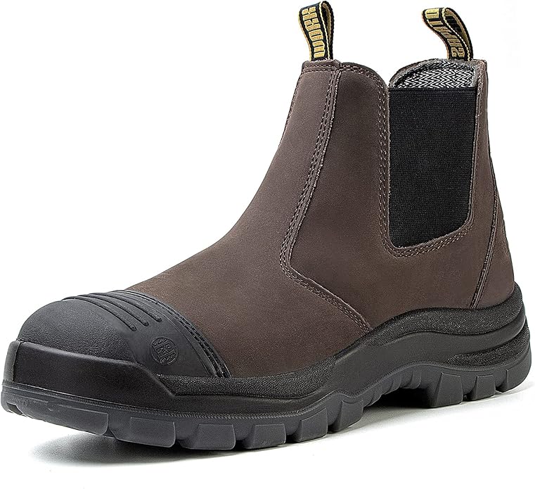 Work Boots for Men, Steel/Soft Toe Waterproof Working Boots, Slip Resistant Slip-on Safety Static Dissipative Working Shoes (Dark Brown)