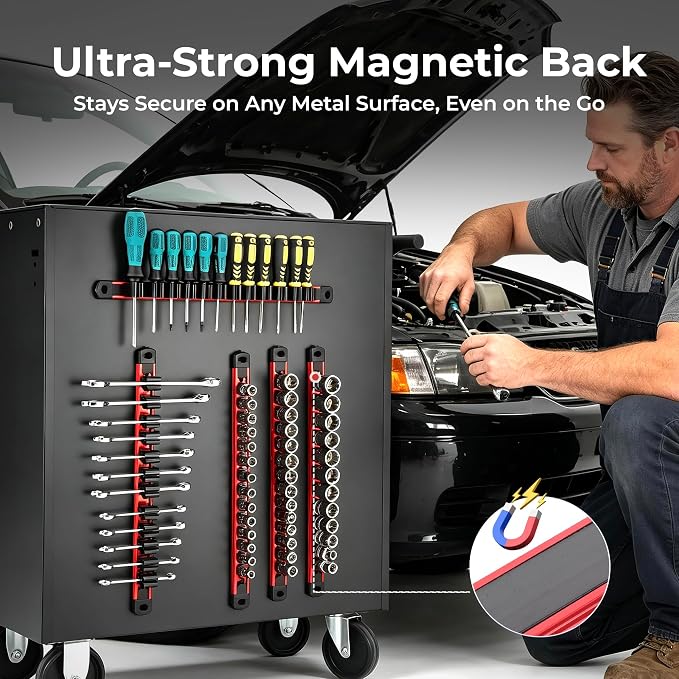 Reniteco 6-Piece Magnetic Socket Organizer and Magnetic Screwdriver Organizer Set, 1/4" 3/8" 1/2" Drive Aluminum Rail & 3-Piece Wrench Screwdriver Holder, Interchangeable Clips, Sockets Not Included